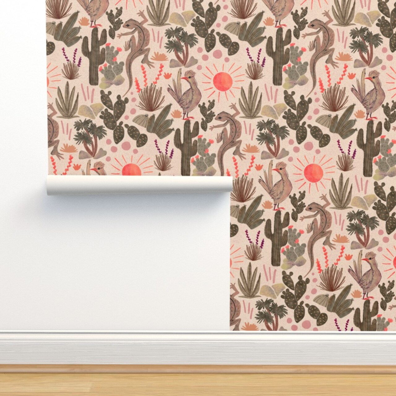 Desert Earth Tones Sun Lizards Cactus Garden Southwestern Custom Pre-pasted Wallpaper by Spoonflower Pre-Pasted Wallpaper 2FT Wide